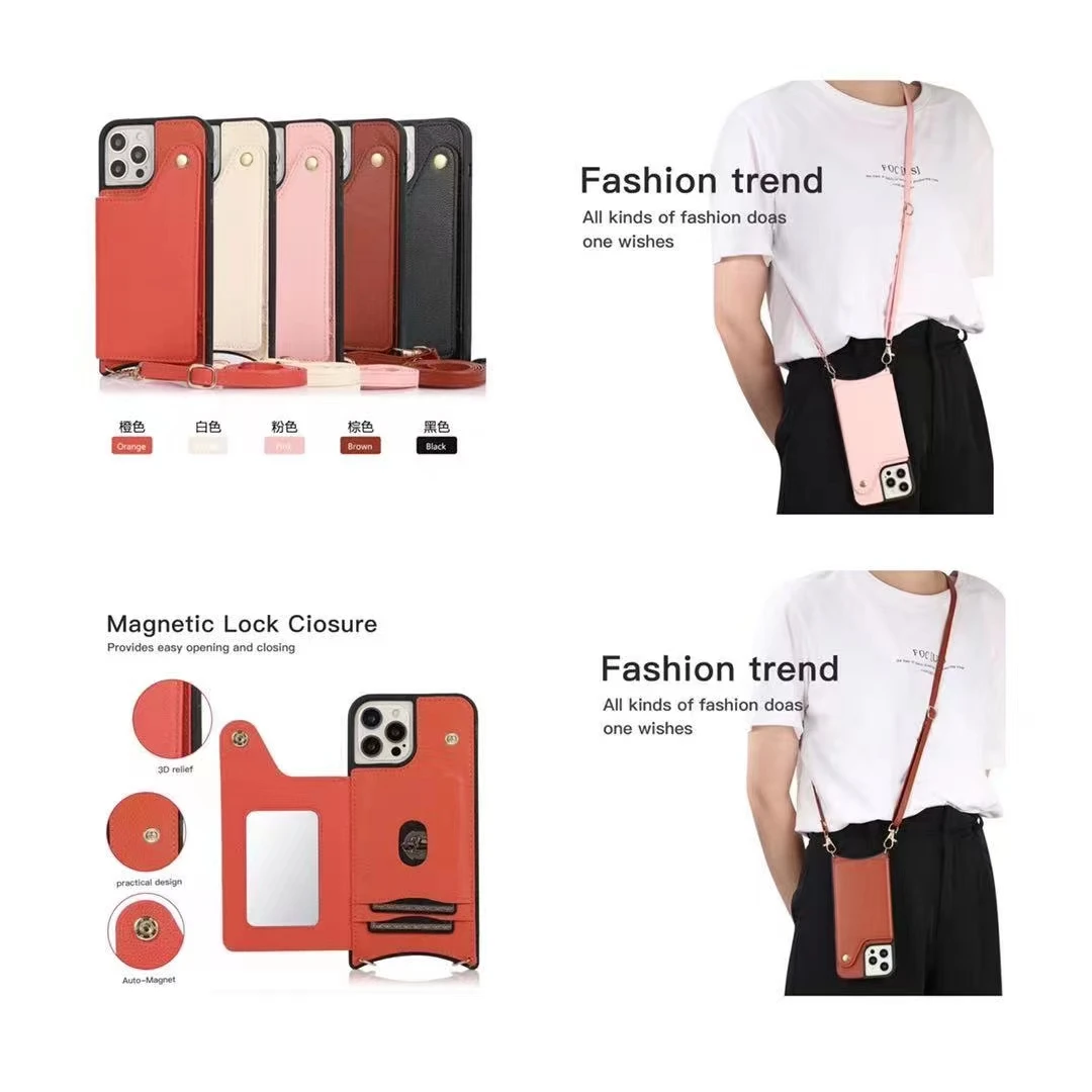 For IPhone 12 Pro Max Crossbody Mirror Holder Card Leather  Phone Cases For IPhone X XS Max XR 11 Pro 7 8 Plus 6 SE 2020 Covers