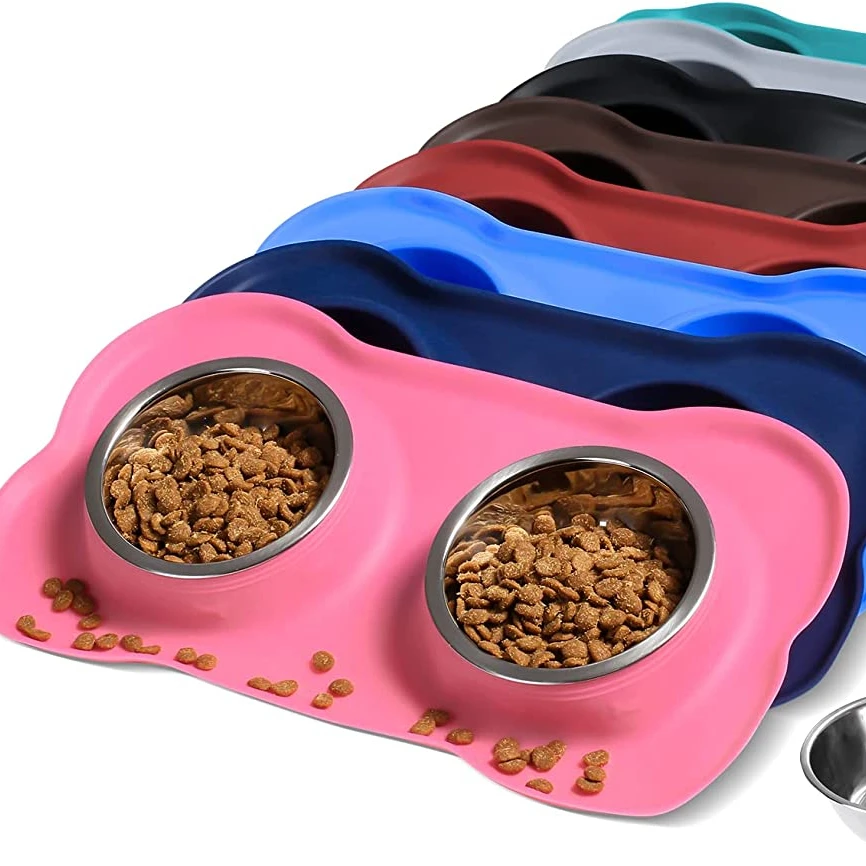 Pet Dog Bowls 2 Stainless Steel Dog Bowl with No Spill Non-Skid Silicone Mat Pet Food Scoop Water and Food Feeder Bowls