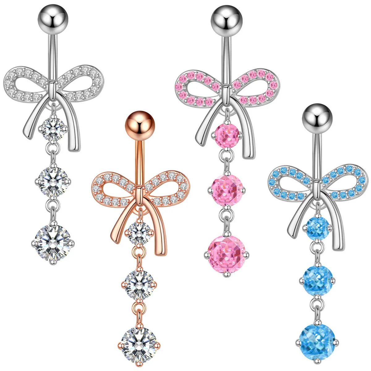 YICAI Sweet Bow Belly Button Ring Surgical Steel Crystal CZ Bowknot Dangle Belly Piercing For Women Man
