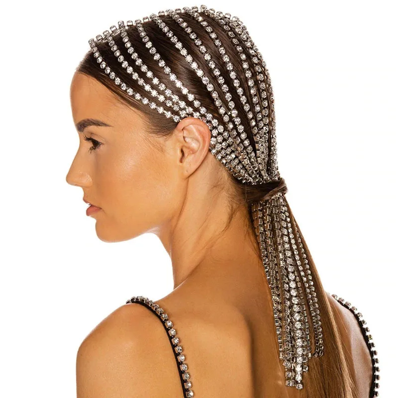  Luxury Jewellery Hair Accessories Full Crystal Rhinestone Diamond Headband Ins Personality Long Tassel Hoop Women