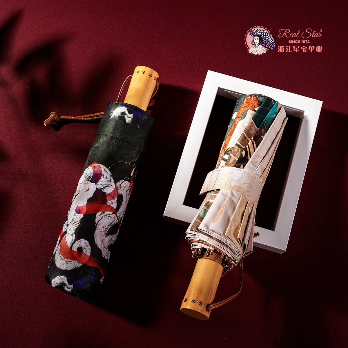 RST luxury Chinese traditional style 16 ribs fold golden frame umbrella wood handle UV sun umbrella