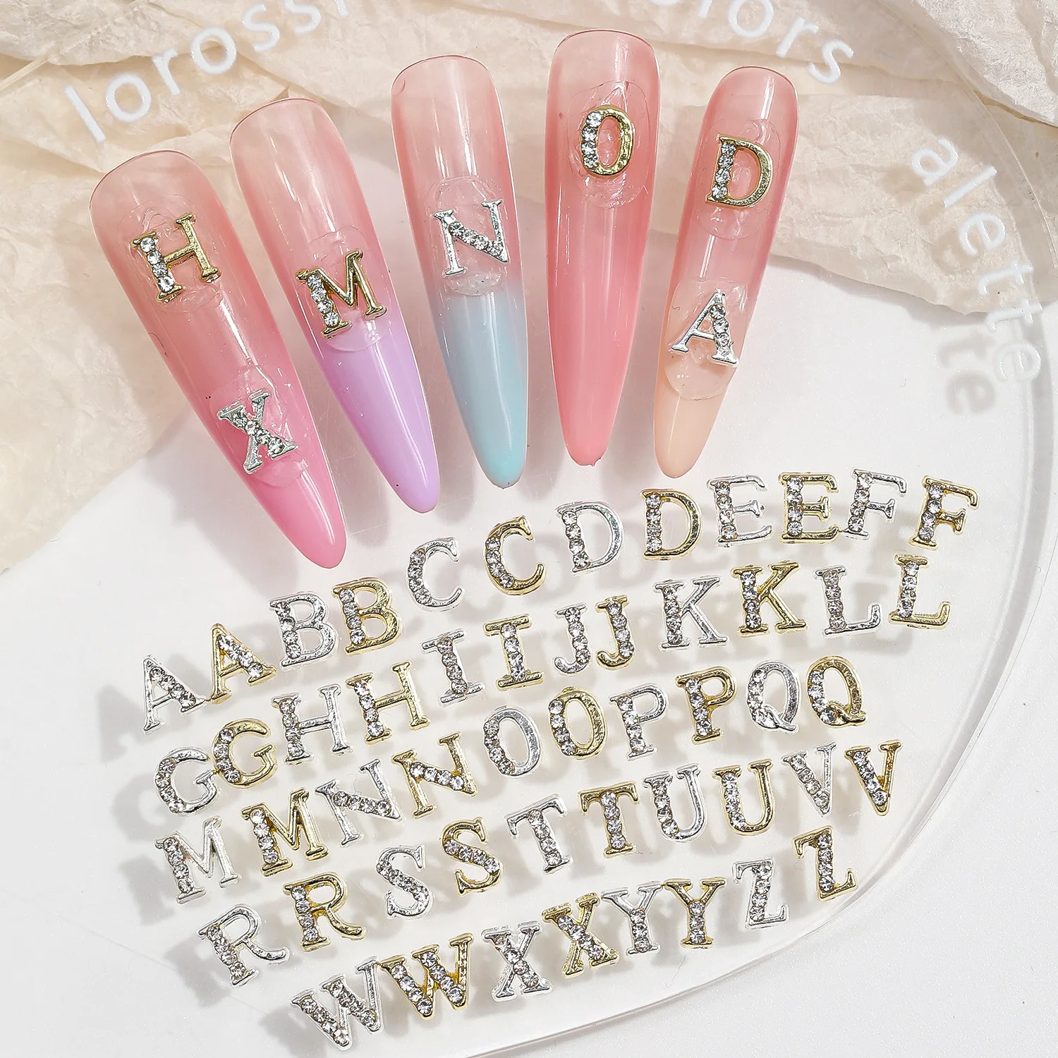 Rhinestone Letters Nail Studs Silver 3D Capital English Alphabet Logo Nail Charms In Bluk