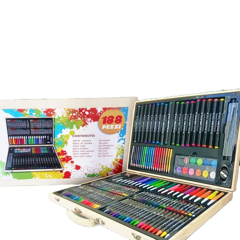 Deluxe Kids Gift Stationery Drawing Set 188pcs Wood Box Portable with marker pen Creativity Painting Art Set
