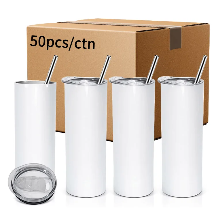 Лидер продаж 304 изолированные из нержавеющей стали 20 унций белые узкие прямые сублимационные пустые стаканы с металлической соломой