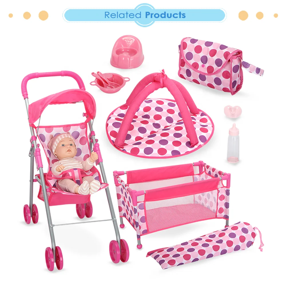 Dollri Starri Hot Sale On Line 12 Pieces Baby Doll Furniture Set For Dolls 12-14' Doll Pack N Play Pink Set with Accessories