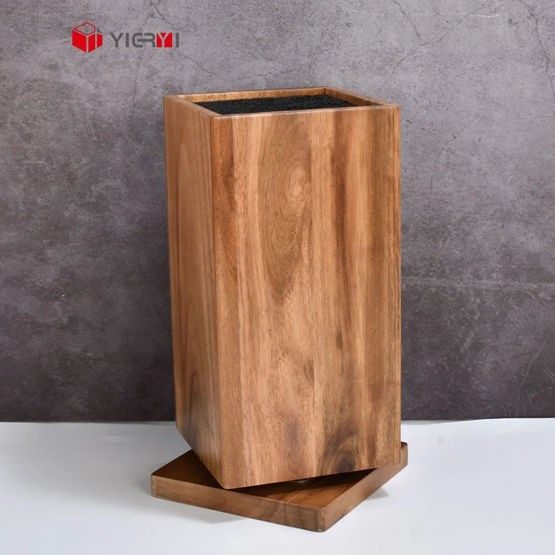 Acacia Wood 360 Degree Universal Knives Holder With PP Core Slot Rotating Acacia Wooden Knife Block For Kitchen Countertop
