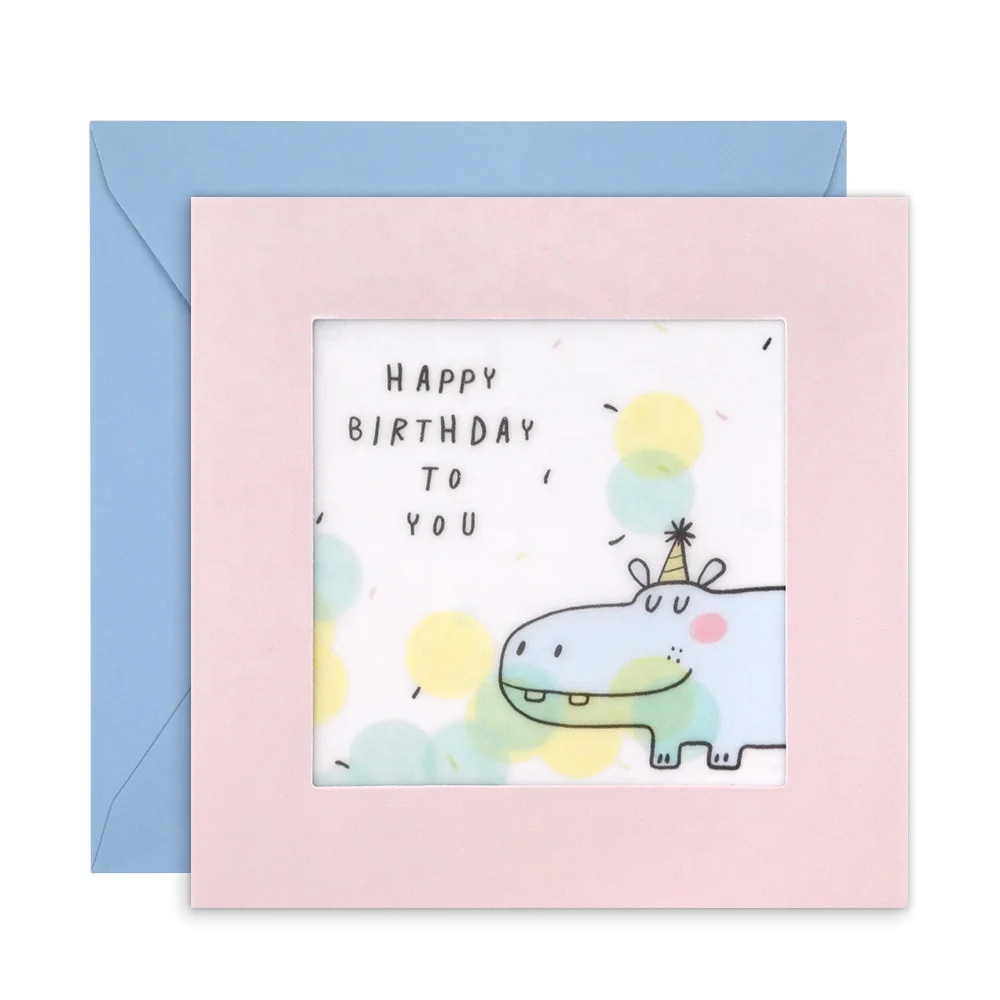 Custom Print Square Confetti Paper Cute Hippo Animal Pink Kids Folding Happy Birthday Greeting Cards with Envelopes