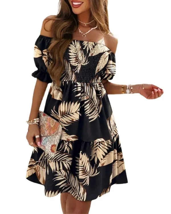S-3XL Wholesale temperament short-sleeved pleated paneled print summer off shoulder party dresses women hawaiian prom dress
