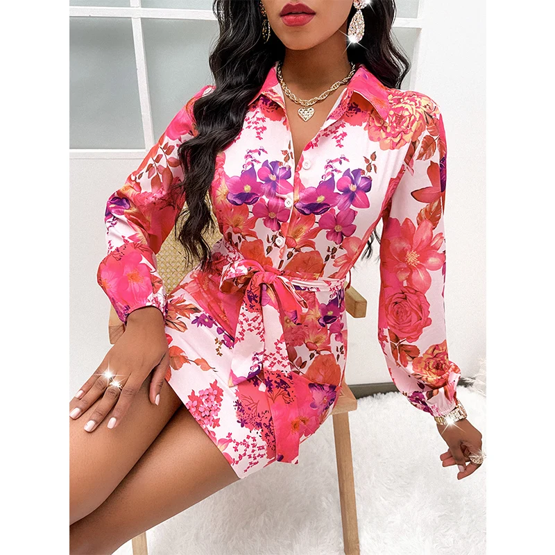 2022 New Arrivals Long Sleeve Allover Floral Print Cloths Stylish Ladies Casual Button Womens Floral Print Dress