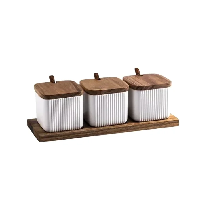 Vintage Ceramic Condiment Container With Wooden Lid And Spoon,Decorative Spice Jar,Food Storage Canisters For Salt Coffee Bean