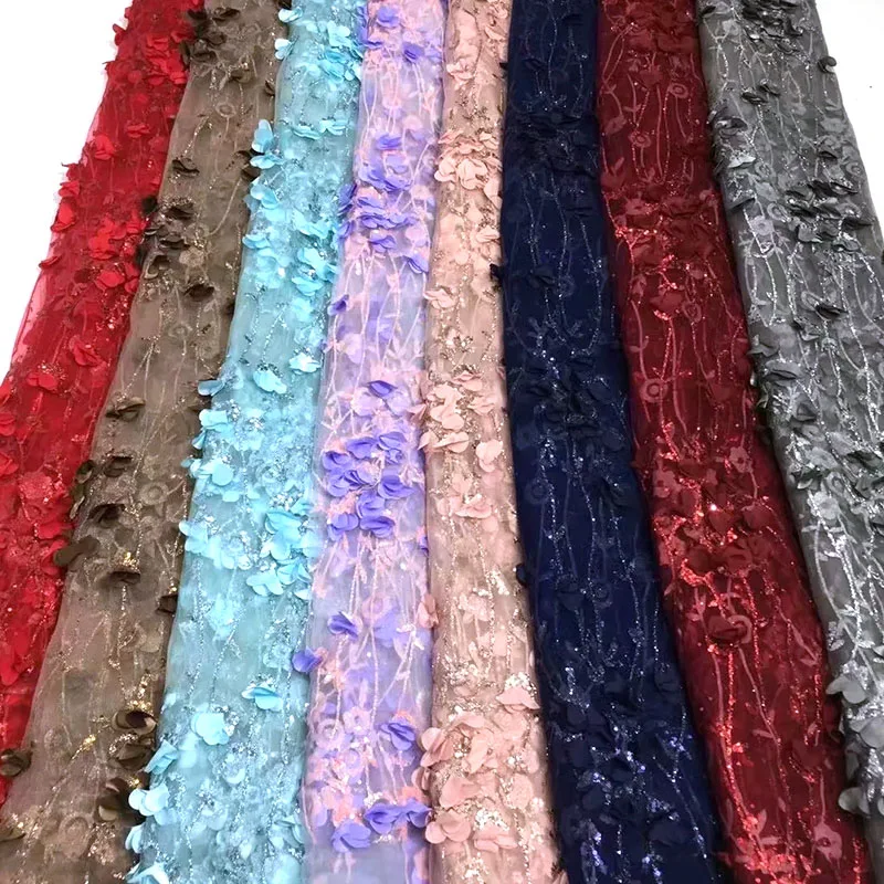 Hotsales Luxury 3d flower sequin lace fabric embroidery fabric for bridal dress and Wedding dress with net backing