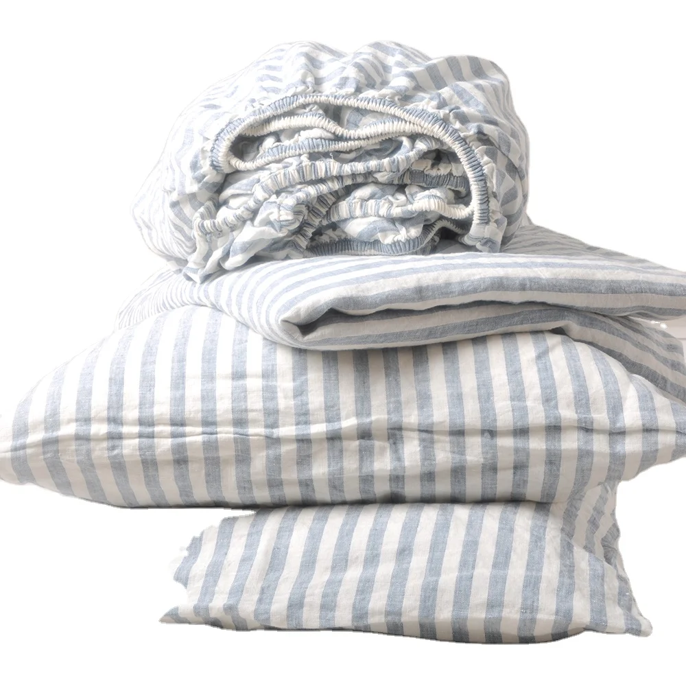 Modern Luxury 100% Organic Natural Bedding Set Fitted & Flat Sheet Set with 2 Pillowcases French Flax Linen Bedding Sheet Set