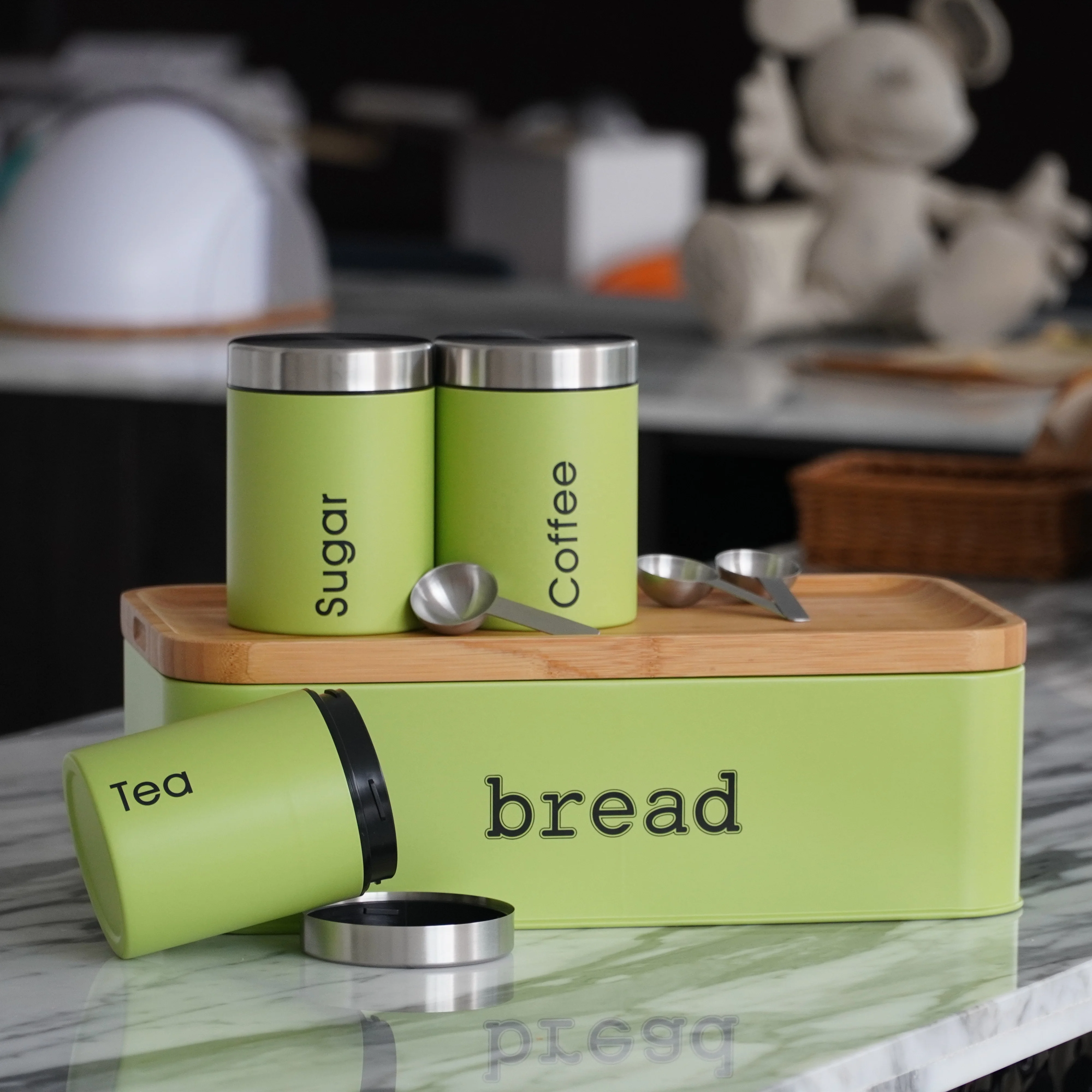rectangular bamboo cover bread box with 3 pcs kitchen canister set