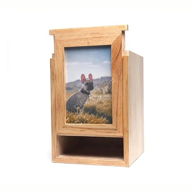 Pine primary color pull back cover with photo frame pet cat dog animal cremation urn coffin