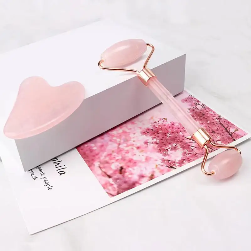 Pink Rose Quartz Stone Crystal Jade Facial Beauty Face Massage Roller Gua Sha Set Jade Roller For Face