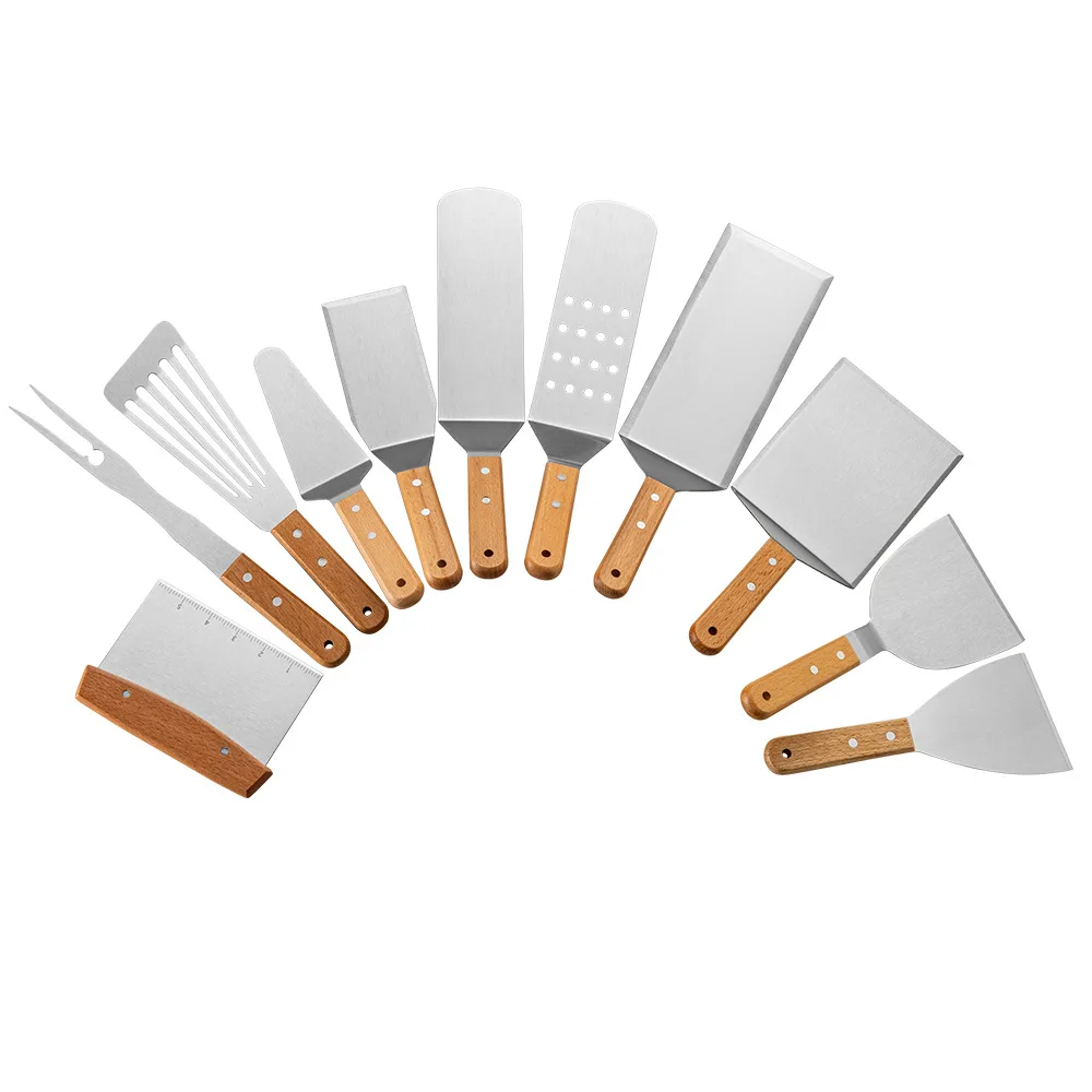 Factory Bestseller Professional Metal Spatula Set Wooden Handle Stainless Steel Spatula Cooking Utensil
