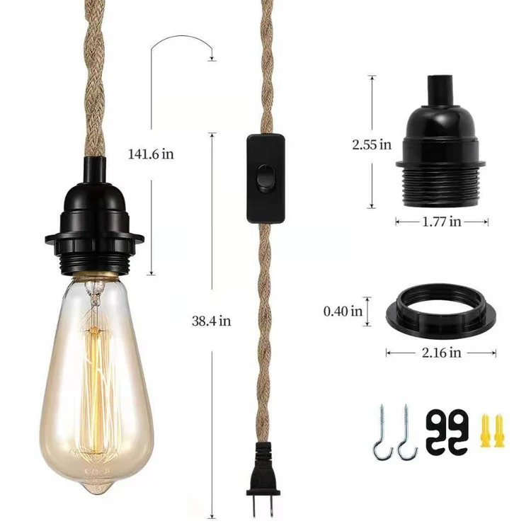Vintage Natural Material Hemp Rope Adjustable DIY Ceiling Lamp Socket pendant lamp e27 lamp holders