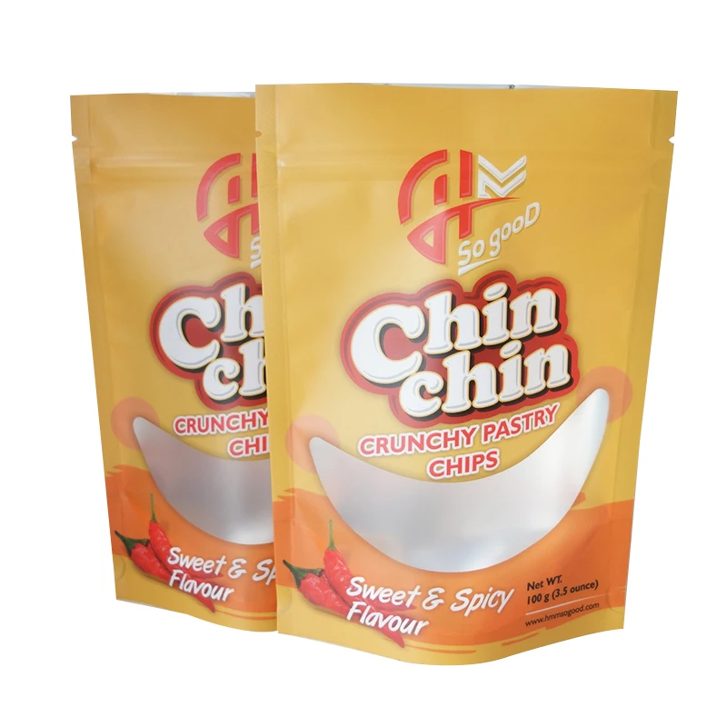 Custom printed heat seal stand up plastic snack food chin chin potato chips packaging bags