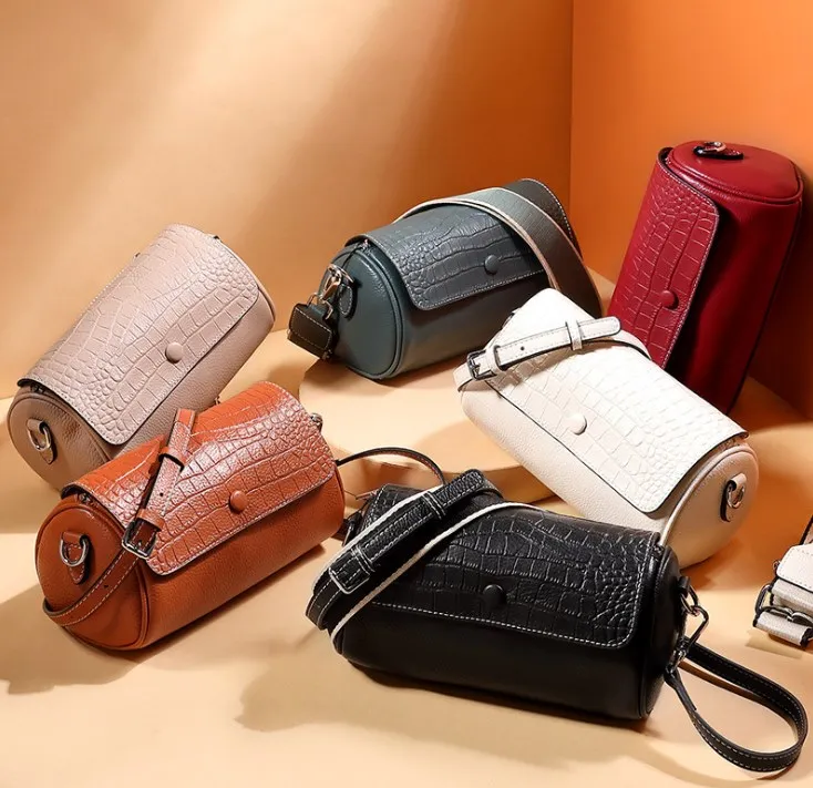 Wholesale custom logo print genuine leather handbag for women luxury elegant crocodile barrel bags
