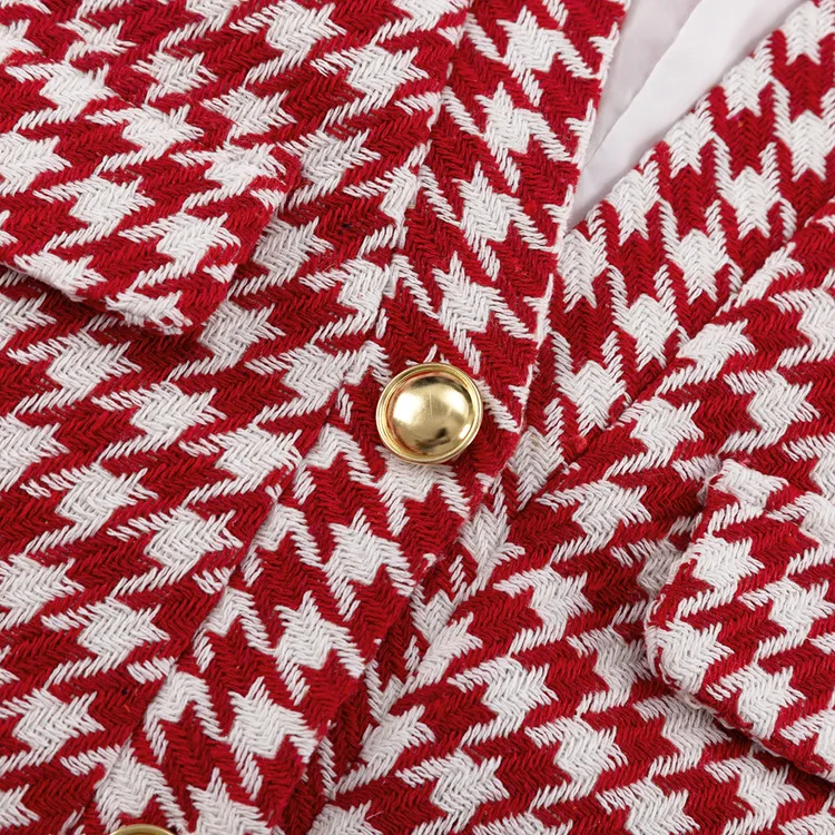 Enyami Elegant Winter Collection Retro Red Houndstooth Fashion Leisure Casual Long Sleeve Cardigan Coat Skirt Co Ord Sets Women