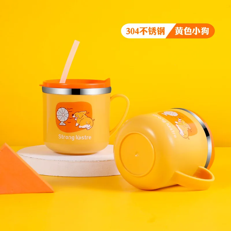 Stainless Steel Cup Cartoon creative cup with lid, double-layer thermal insulation and anti scalding scale, milk straw cup