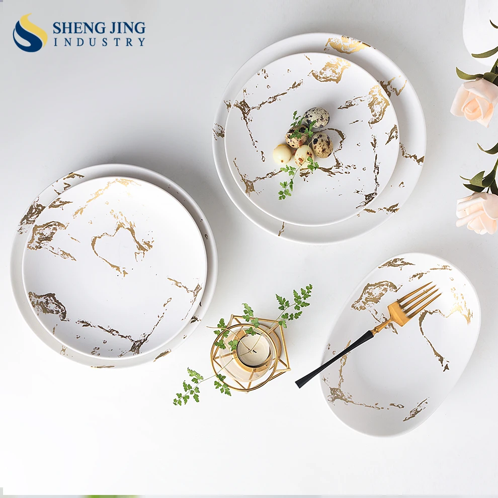 High Quality Ceramic Matte White And Black Porcelain Dinnerware Set Round Marble Gold Plate Bowl For Weddings Hotels Restaurant