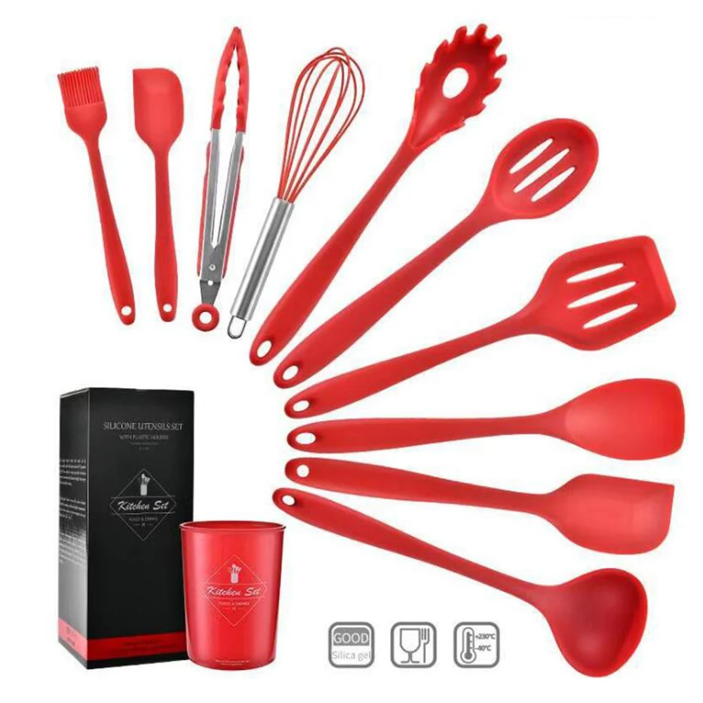 10 pieces silicone kitchen cooking utensil set with kitchen utensil holder