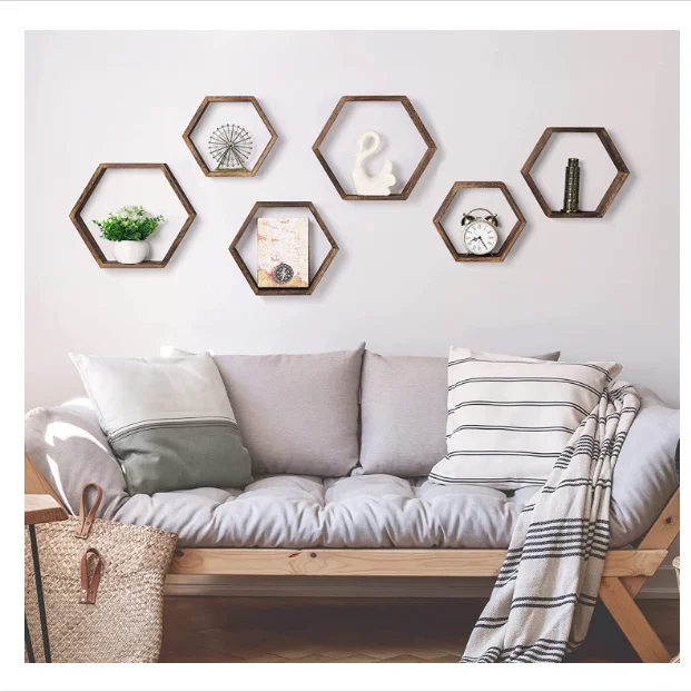 Wooden Hexagonal Floating Shelves Farmhouse Honeycomb Wall Storage Rack Decorative Wall Mounted Rack Kitchen Bathroom Use Home