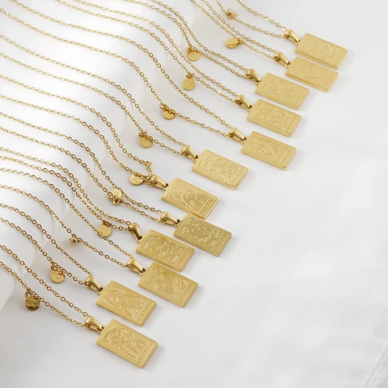 New No fade gold plated necklaces women stainless steel square enrgaved 12 zodiac sign pendant necklace