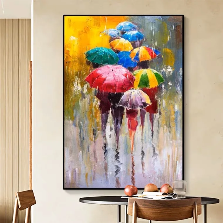 Modern Abstract Colorful Rain Landscape People with Umbrella Canvas Oil Painting for Home Wall Art Decor