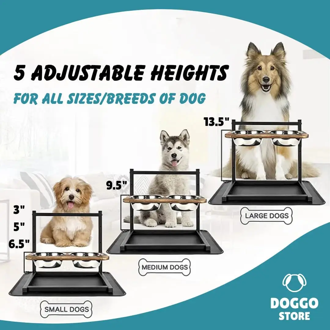Wood  Height Adjustable Dog Bowl Stand with Slow Feeder and Non Slip Dog Food Mat and Stainless Steel Elevated Dog Bowls