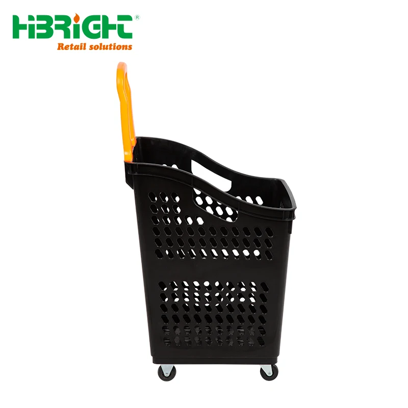 Supermarket Convenience Store Hand-pulled Plastic Shopping Basket with Pull Rod and Wheel