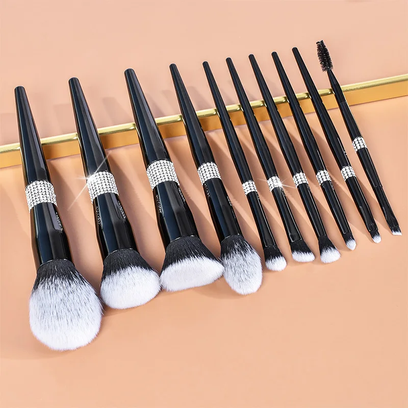 Custom Logo Cosmetic Brush 10 Pcs Diamond Glitter Makeup Brush Set Hair Beauty Foundation Eyes Makeup Brush Set With Bag