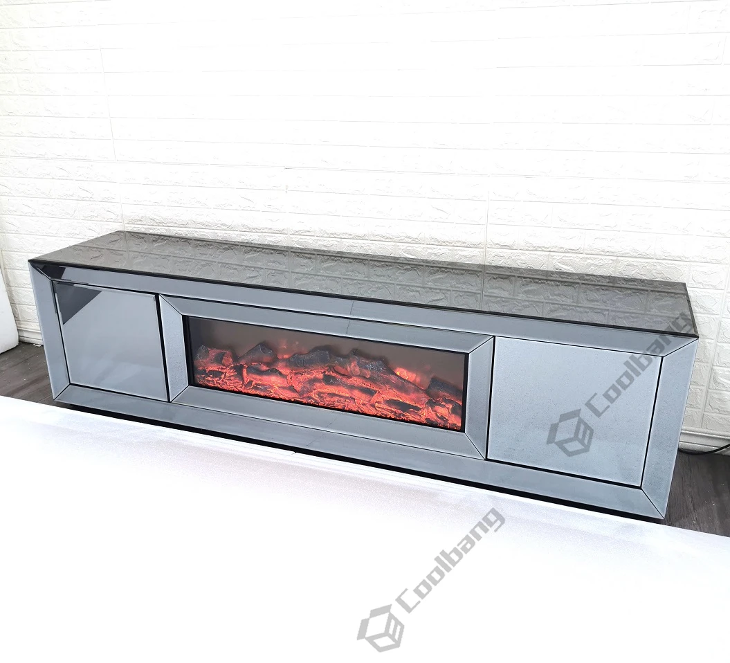 Large Mirrored Furniture Smoke Grey Glass TV Stand with Electric Fireplace