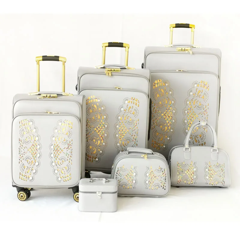 6 pcs set pvc leather trolley bags valise on wheels tote bag cosmetic roller luggage bag