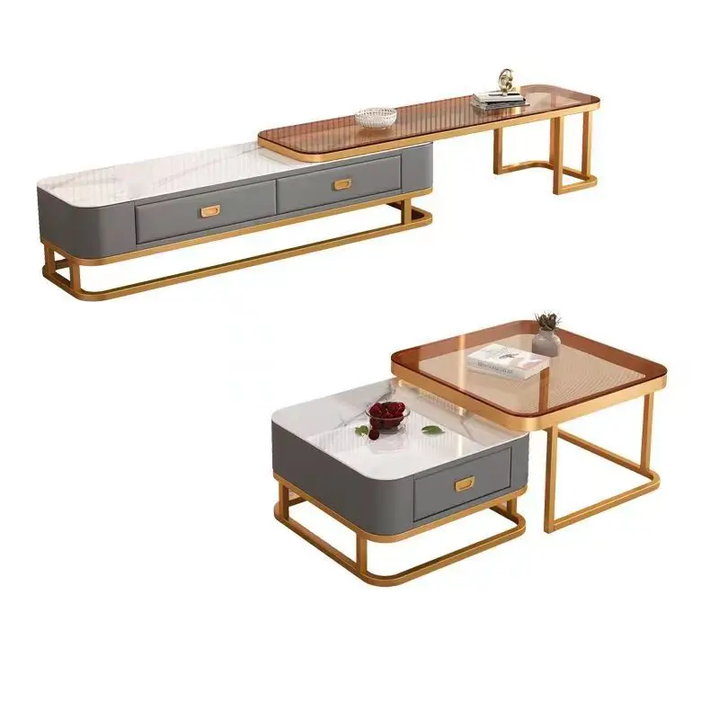 Modern Luxury Living Room Furniture Set White and Gold Wooden Large Drawers for Home Decoration by Sofa and Coffee Tables