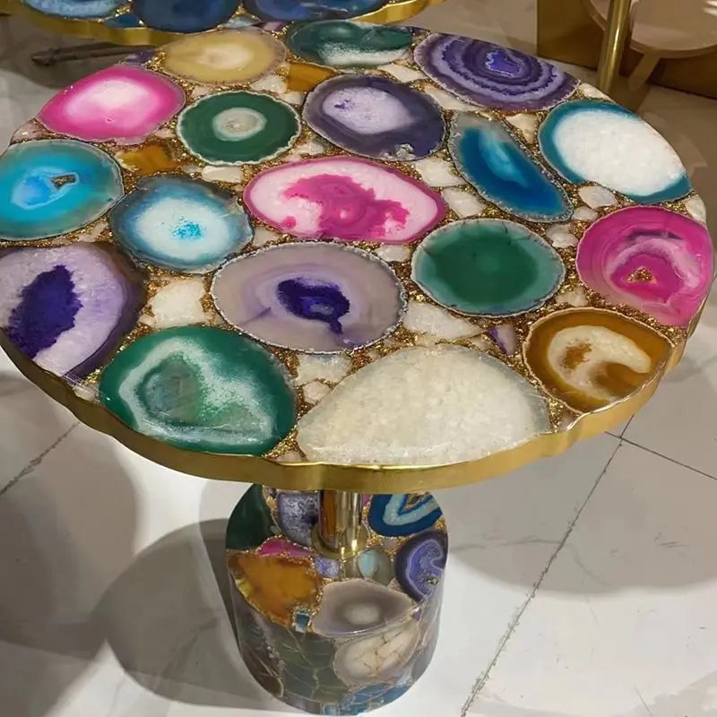 Semi Precious Stone Side Tables For Living Room Modern Multicolor Agate Onyx Marble Coffee Table