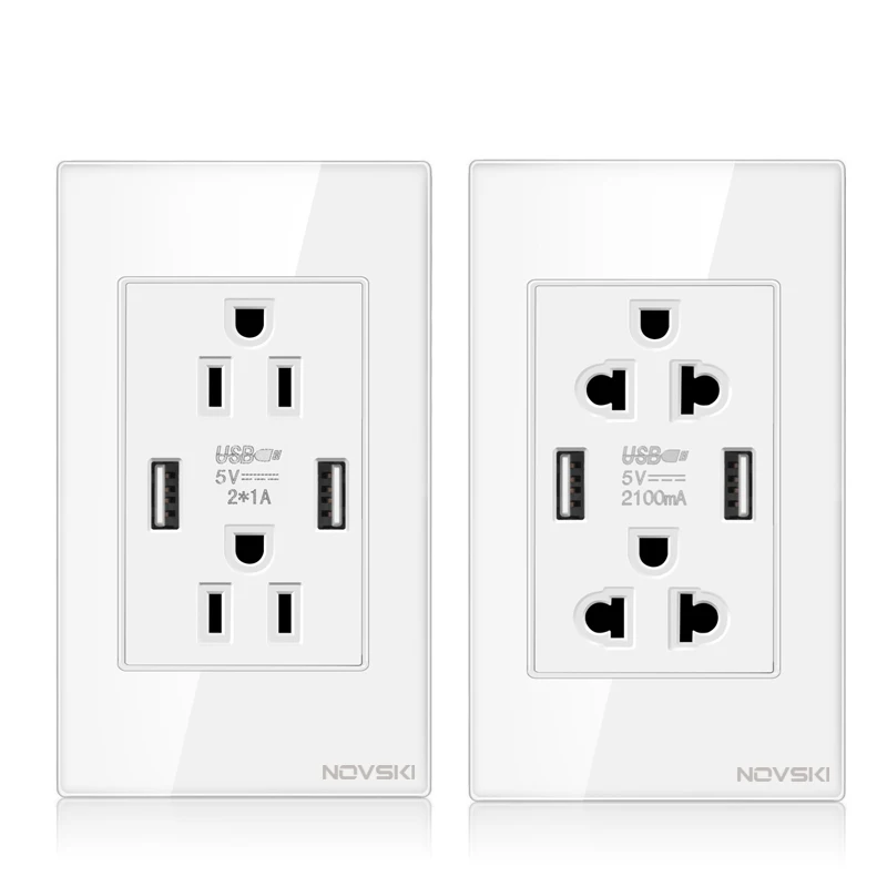 Professional switch factory crystal glass panel US dual 3-wall sockets with dual USB sockets