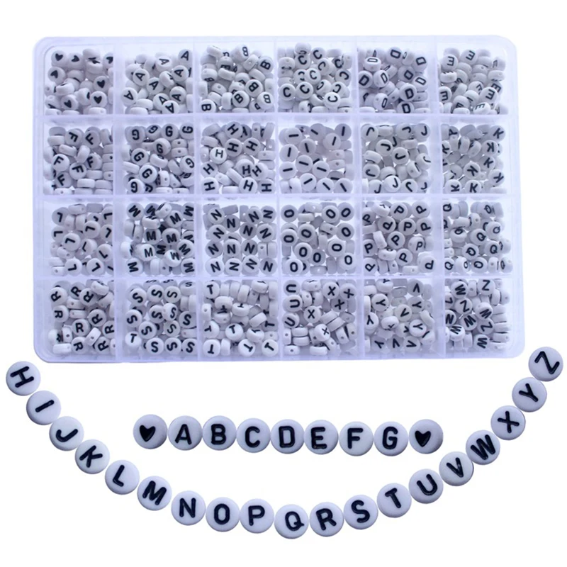 1200PCS White DIY Alphabet Letter Beads Round Acrylic Letter Beads A-Z Heart For Bracelets Jewelry Making Necklaces