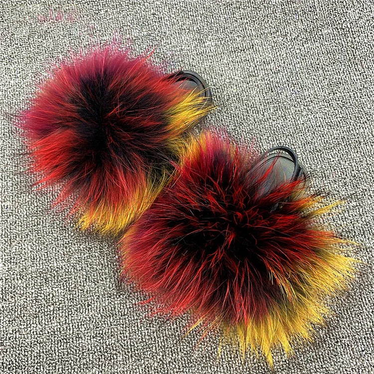 
High Quality Kids Multicolor Big Fluffy Raccoon Fox Fur Sandals Slippers For Children 