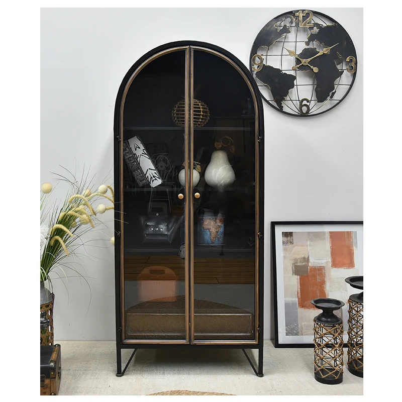 INNOVA Home Accent Vintage Industrial Living Room Storage Drawer Black Arch Tall Metal Cabinet with Shelves and Glass Doors