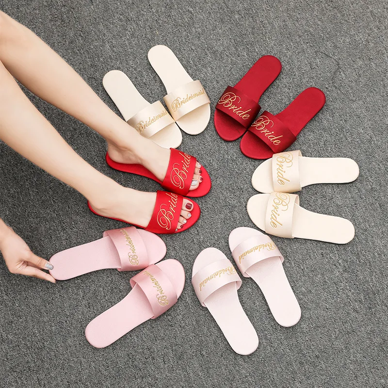 Embroidery New Wedding Bridesmaid Slippers For Lady Bridal Satin Red Slippers For Wedding Bridal Bridal Gown With Shoes For Lady