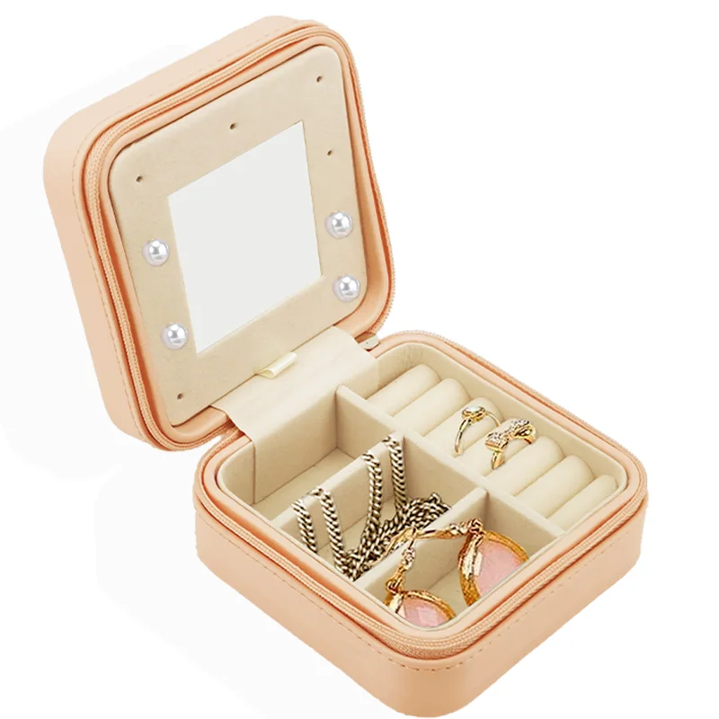 L 2022 Women New design Small silk inside trinket Organizer Jewellery Pink mirror Zippers PU Leather Jewelry Boxes