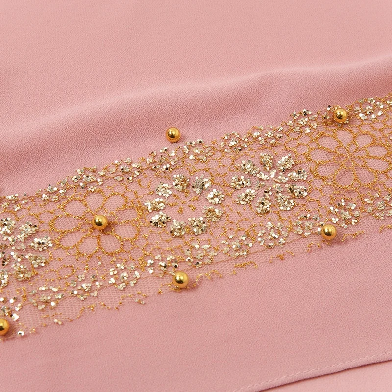 Wholesale Custom High Quality Beautiful Lace Plain Color Chiffon Hijab With Pearl Luxury Gold Stamping Hijab Scarf