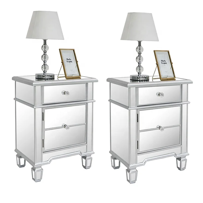 Factory Direct Modern Silver Mesa De Noche Cristal Bedroom Night Stand Glass Mirrored Nightstand with Drawer