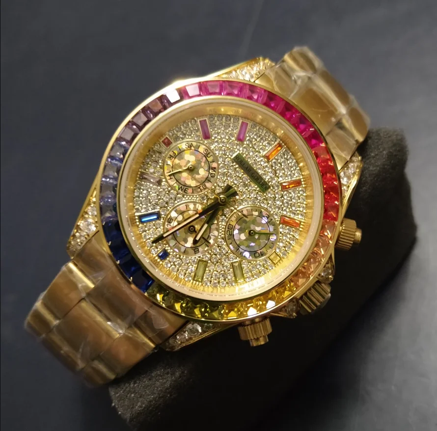 Moissanite Watch Mechanical Luxury Watch Rainbow Accept OEM ODM Service Hip Hop Automatic Watch For Men