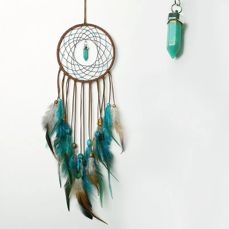 Organic Material Wall Hanging Decoration  Handmade Turquoise Stone Feather Macrame Dream Catcher
