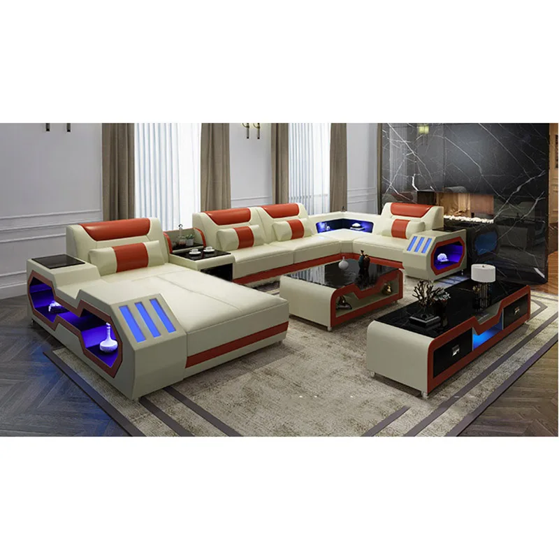 furniture factory provided living room sofas modern style genuine leather sofa  u shaped corner sofa design Led light set ly001