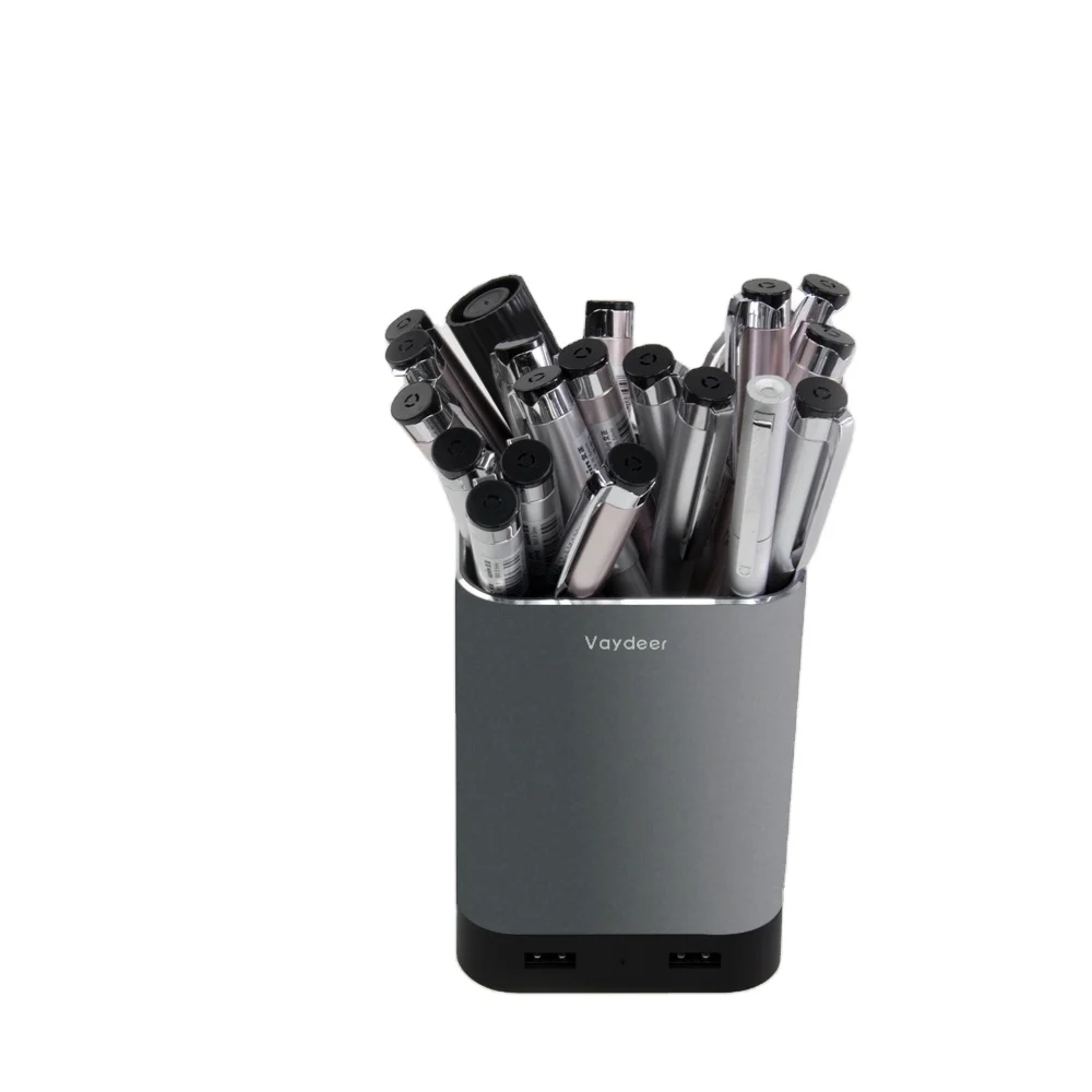 Aluminum Desk Organizer with 4 USB 2.0 Ports Metal Pen holder