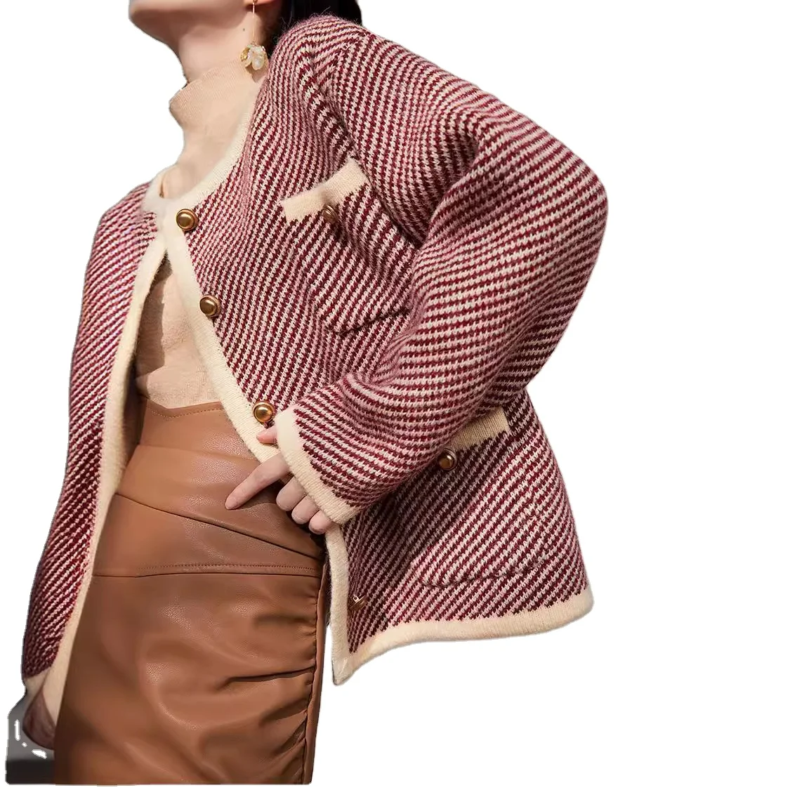 2024 new color contrast design knitted cardigan top senior sense retro temperament striped sweater